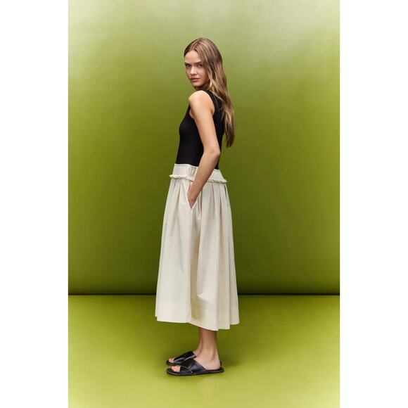 Plan C x RTR Knit Poplin Two Tone Pleated Midi Dress Sleeveless Black Beige Sz 8 - Picture 4 of 12